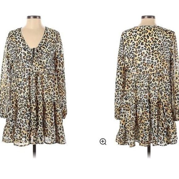 NWT Altar'd State Leopard Print Long Sleeve Flowy Tiered Mini Dress Size S - Picture 2 of 13